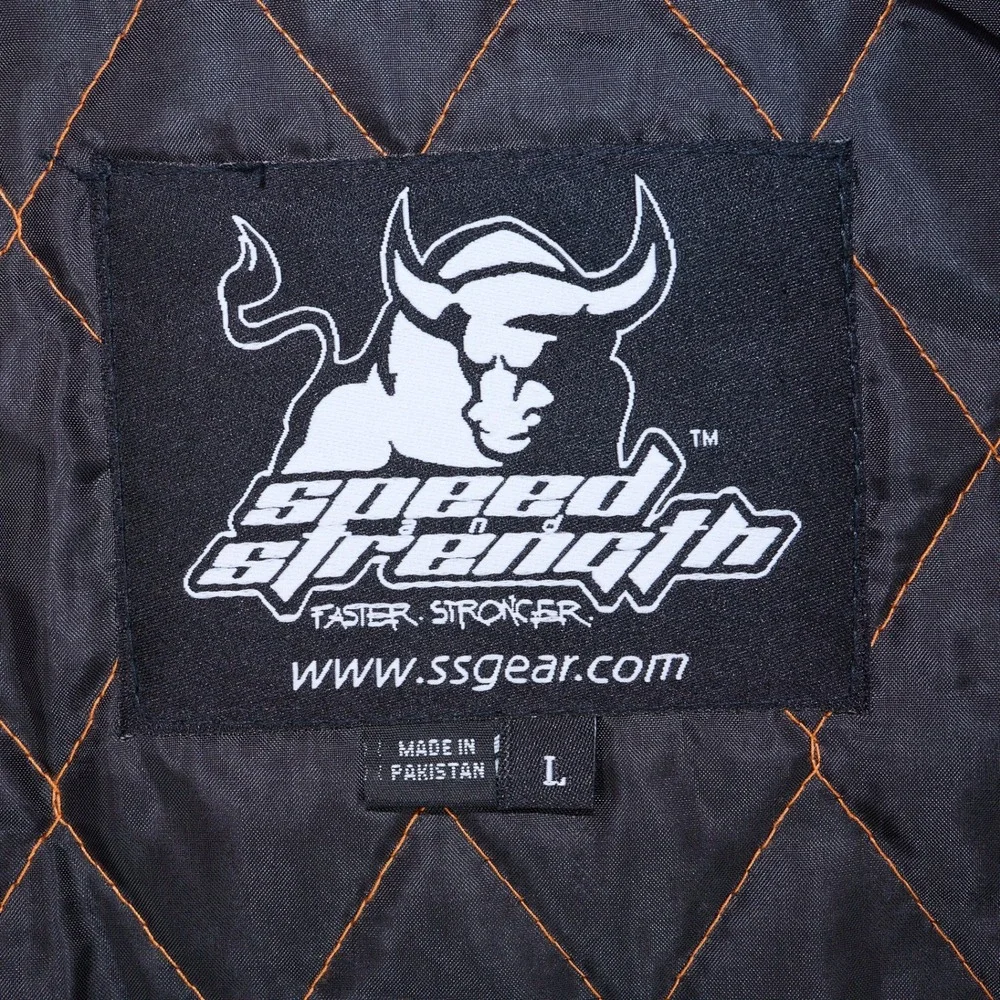 Speed and Strength Motorcycle Jacket Mens Black Orange Leather Trim Large L